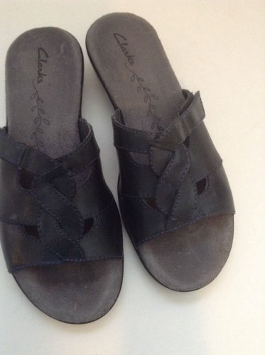 Womens Clarks Navy Leather Clog Mules  Sandals Slides 6.5M