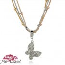 Tri Color Triple Bead Chain Crystal Butterfly Pendant Necklace