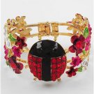 Chunky Gold Ladybug Flower Crystal Fold Over Fashion Costume Jewelry Bracelet