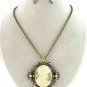 Chunky Cameo Charm Brass Chain Earring Necklace Set Fashion Costume Jewelry