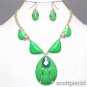 Chunky Bib Green Acrylic Charm Gold Earring Necklace Set Fashion Costume Jewelry