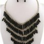 Chunky Black Beaded Stone Silver Earring Necklace Set Fashion Costume Jewelry