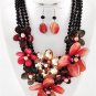 Chunky Beaded Flower Charm Silver Earring Necklace Set Fashion Costume Jewelry