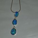 Sterling Silver 3 Stone Blue Opal Pendant Necklace 18" Snake Chain