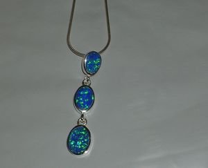 Sterling Silver 3 Stone Blue Opal Pendant Necklace 18" Snake Chain