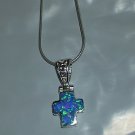 Sterling Blue Opal Cross Pendant Necklace 18" Snake Chain