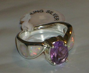 Sterling Silver Genuine Amethyst & White Opal Sterling Ring Sizes 5 6 7 8 9