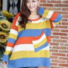 Fashion Womens Colourful Stripes Pocket Loose Sweater Jumper Pullover Casual Top