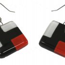 Fuse Glass Square Earrings White, Red, and Black