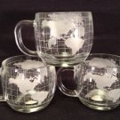 Vtg Set of 3 World Globe Glass Mugs Cups Marked On Bottom IDT