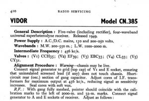 Vidor CN385 CN-385 Vintage Wireless Service Information