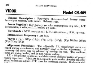 Vidor CN409 CN-409 Vintage Wireless Service Information
