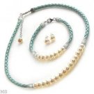 Elegant Jewelry Set - Fresh Water Pearl & Blue Leather