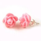 Pink Flower Resin Silver Plated Post or Stud Earrings