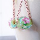 Unique Handmade Green Millefiori Glass Bead Copper Drop Earrings