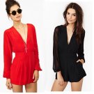 Sexy Lady Women Chiffon Rompers Deep V-Neck Mesh Long Sleeve Short Pants One-piece Jumpsuit