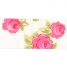 Bertie's Bows Ribbon Grosgrain Rose Print 16mm Ivory 25m Roll