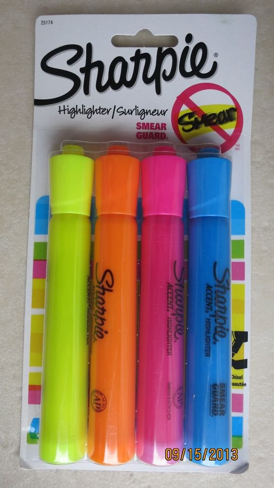 Sharpie highlighter SMEAR GUARD 25174 nonToxic 4 colors ACCENT high