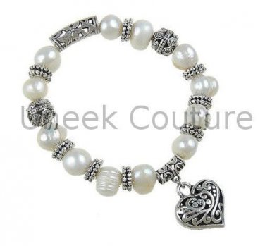 Silver Pearl and Heart Bracelet