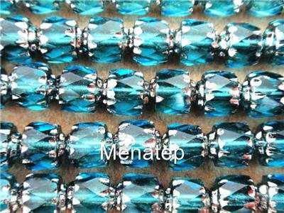25 6mm Czech Antiq. Style Octagonal: Silver-Aquamarine