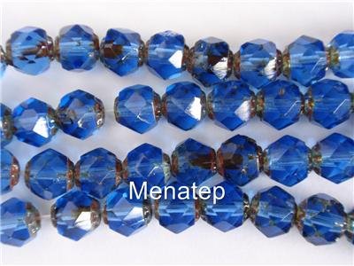 25 6mm Czech Glass Firepolish Renaissance Style Beads: Sapphire - Picasso