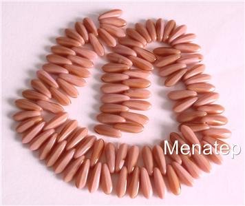 50 3x10mm Czech Glass Dagger Beads: Coral Light Pink / Brown