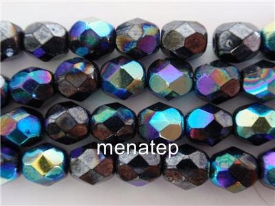 25 6mm Czech Firepolish Beads -- Hematite AB