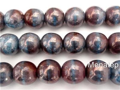 5 10mm Czech Glass Round Beads: Blueberry/Raspberry Swirl - Moon Dust