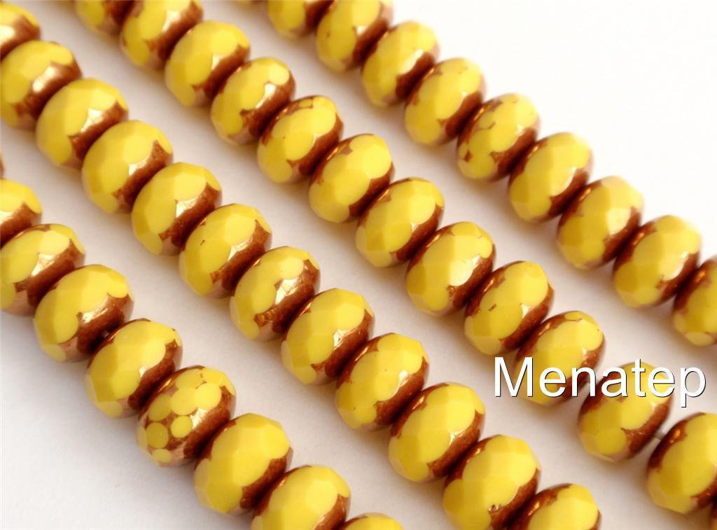 25 5x7 mm Czech Gemstone Donuts: Copper - Opaque Yellow