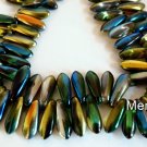 50 3x11mm Czech Glass Dagger Beads: Coated - Marea Blue/Gold