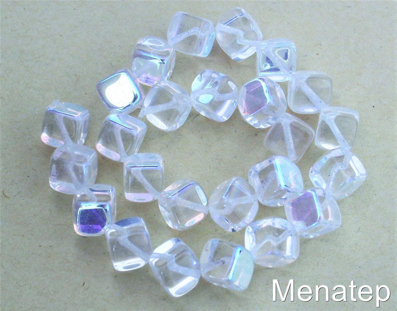 25 8mm Czech Glass Diagonal Hole Cube Beads: Crystal AB
