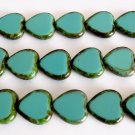 10 15x15mm Czech Glass Window Heart Beads: Opaque Turquoise - Picasso
