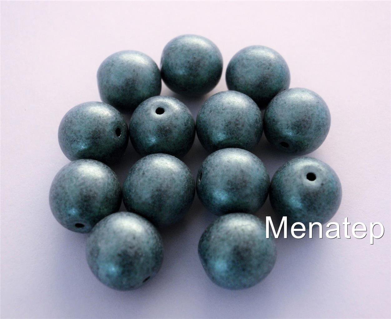 10 10mm Czech Glass Round Beads: Metallic Suede - Light Green