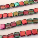 25 6x6x3mm CzechMates Two Hole Tile Beads: Coated - Marea Peacock/Gold