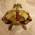 Vintage Amber Glass American Eagle Ashtray (footed - 3 wooden legs)