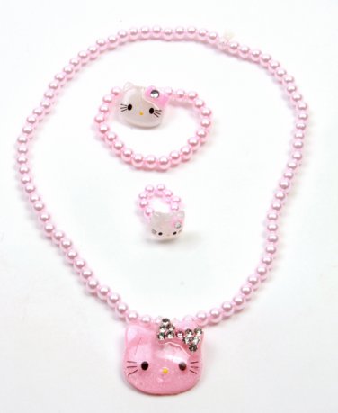 Pink  Pearl Hello Kitty Necklace Set- 3 Piece