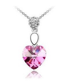White Gold Plated Pink Sweet Heart Shape Rhinestone Necklace