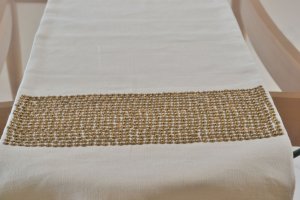 Champagne Beige Table Runner with copper color sequence and beads