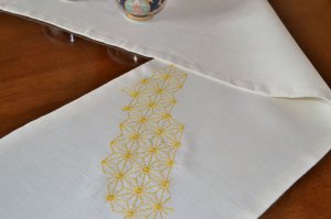 Linen Blend Table Runner with Hemp Leaf Sashiko Embroidery