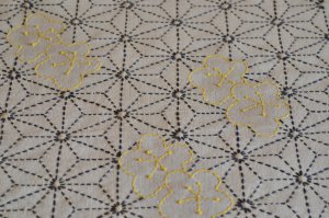 Beige Table Runner with Hemp Leaf Sashiko Embroidery in Navy Blue and Touch of Yellow