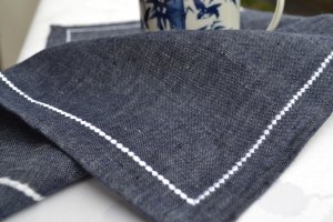 Pearl string Embroidered Navy Blue Linen Blend Placemats- Set of 4