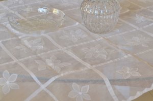 White Tablecloth with Applique Flowers - Handmade Square Table Cloth with Applique Work