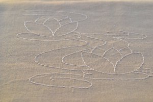 Linen Blend Table Runner with Sashiko lotus flower embroidery -