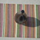Linen Table runner with stripes in mustard, dust rose pink, green, cream, brown and gray