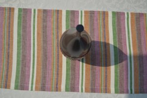 Linen Table runner with stripes in mustard, dust rose pink, green, cream, brown and gray