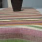 Linen Table runner with stripes in mustard, dust rose pink, green, cream, brown and gray