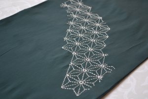 Dark Green Table Runner with Hemp Leaf Sashiko Embroidery