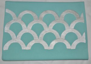 Sea Waves Teal Table Runner with Ivory White Silk Embroidery