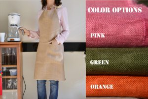 Burlap full kitchen apron for women in beige, pink, green, orange