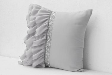 Silver grey ruffled sequin throw pillow - 16X16 Decorative Pillow - Gray cushion cover - Gift Pillow
